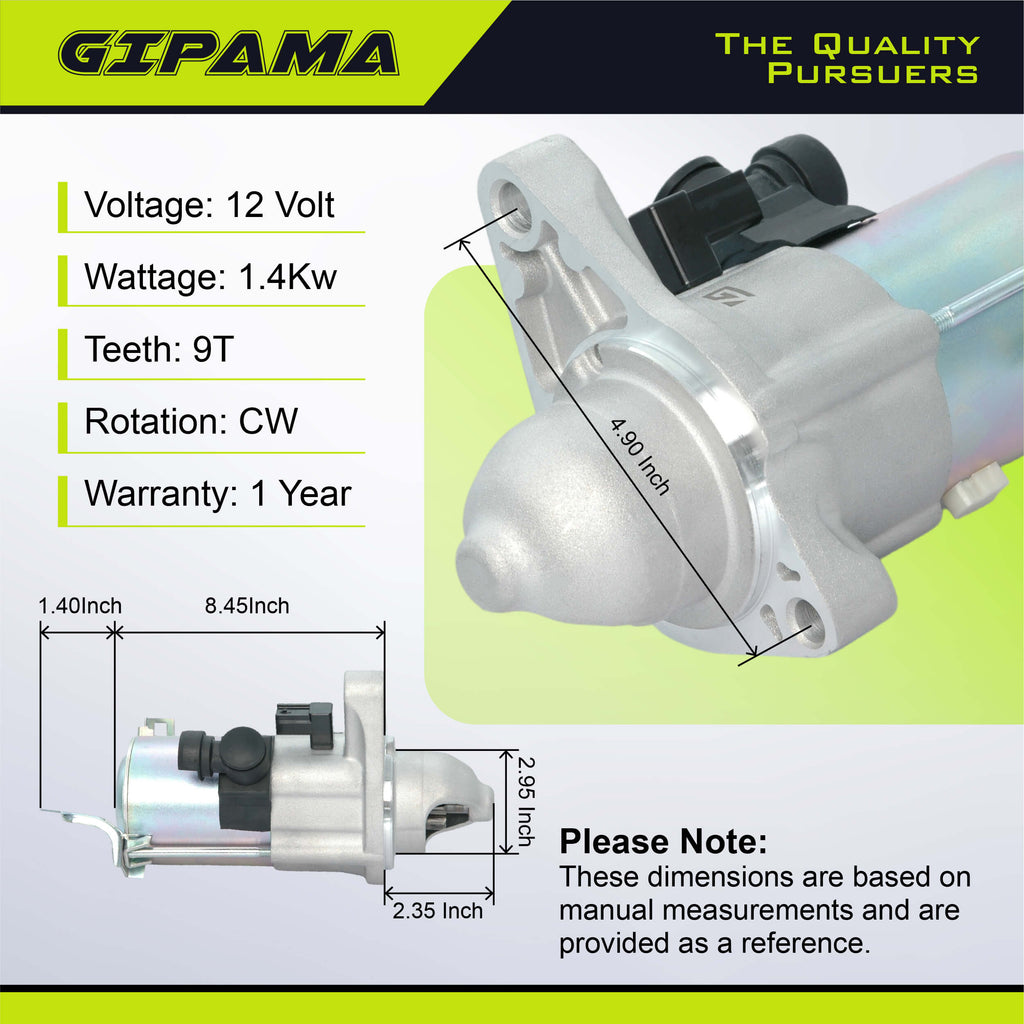 GIPAMA Starter for Honda Civic 1.8L 2012-2015, HR-V 1.8L 2016-2022, Acura ILX 2.0L 2013-2015, L4 Engine. (19264N, 19159N)