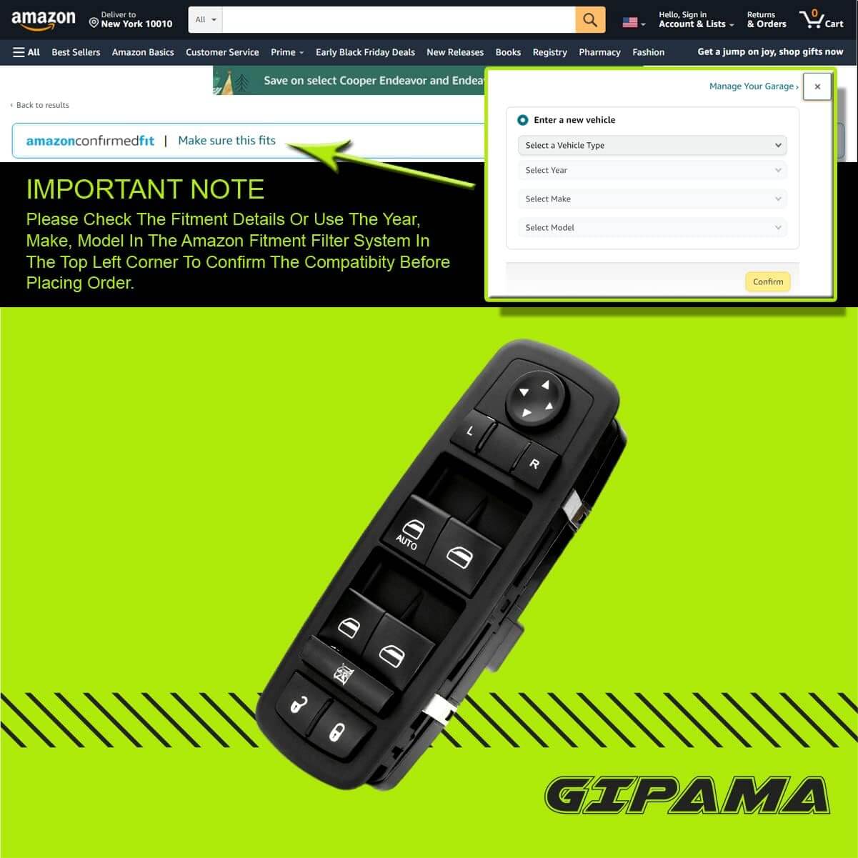 Gipama 901-486 Power Window Switch for 2011-2016 Dodge Journey, Replaces# 68084001AD, 68084001AC, 68084001AB,8+13 PINS（Driver Side)