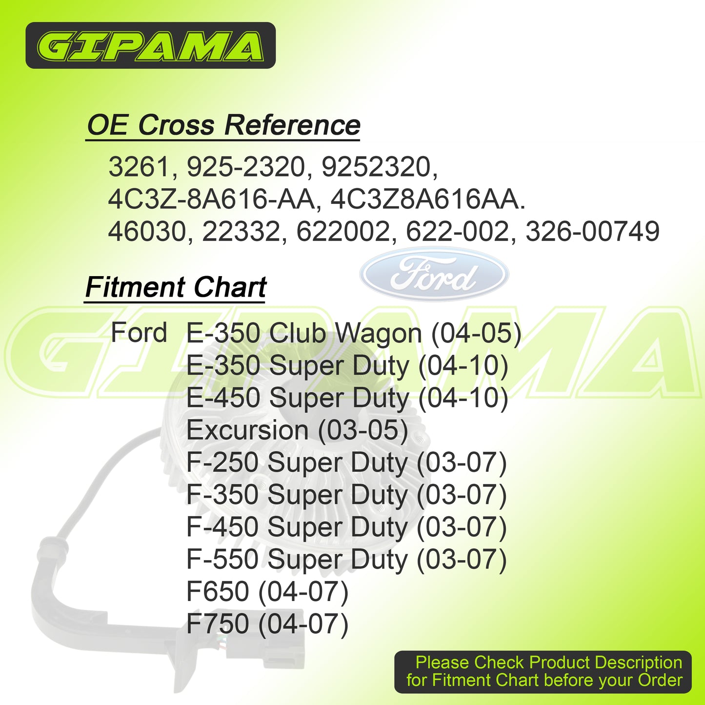 Gipama Radiator Cooling Fan Clutch Replacement for 2004-2010 E-350 E-450 Super Duty, 2003-2005 Excursion, 2003-2007 F-350 F-450 F-550 Super Duty (3261)