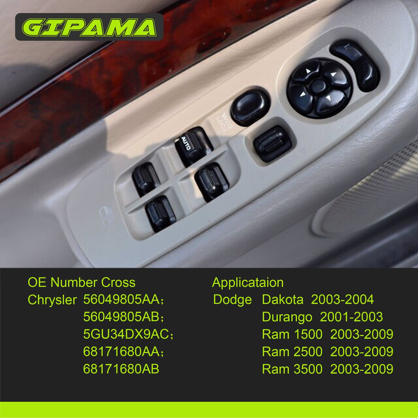 Gipama 901-448 Power Window Switch for 2003-2004 Dodge Dakota, 2001-2003 Durango, 2003-2009 Ram 1500/Ram 2500/Ram 3500（Driver Side)